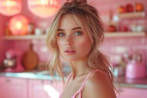 AI generated Beautiful woman in modern pink kitchen interior in pink colors photo