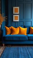 AI generated Stylish Home Interior Blue Sofa and Bright Yellow Pillows photo