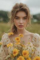 ai generado joven caucásico mujer participación amarillo flor ramo de flores foto