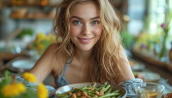 ai generado vegetariano deleite joven mujer disfrutando comida a brillante mesa foto