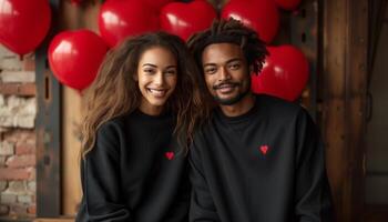 AI generated American couple stands amid red heart-shaped balloons, evoking Valentine's Day romance with a subtle shadow effect photo