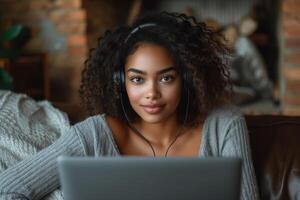 AI generated African American Woman Making Video Call from Home photo