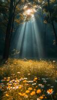 AI generated Summer Sunshine in the Woods Forest Landscape with Flowers photo