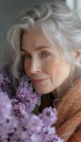 AI generated Joyful senior woman enjoying the fragrance of lilacs photo