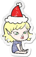 pretty hand drawn distressed sticker cartoon of a elf girl wearing santa hat png