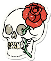 distressed sticker tattoo in traditional style of a skull and rose png