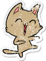 distressed sticker of a happy cartoon cat meowing png