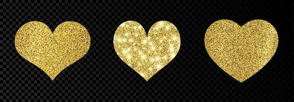 Set of three gold glittering hearts on dark background. Background with gold sparkles and glitter effect. Vector illustration