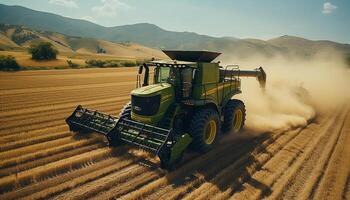 ai generado granja trabajador corte trigo con combinar segador en verano campo generado por ai foto