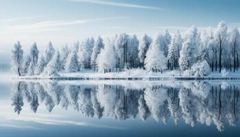 AI generated Tranquil winter landscape snow covered forest reflects in icy water generated by AI photo