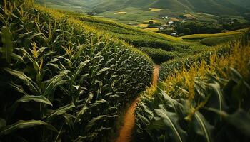 AI generated Green meadow, yellow wheat, tranquil forest nature beauty in agriculture generated by AI photo