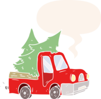 cartoon pickup truck carrying christmas trees with speech bubble in retro style png