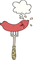 desenho animado feliz linguiça em garfo com pensamento bolha png