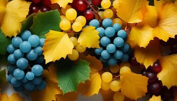 AI generated Freshness of autumn vibrant colors, yellow grape leaf, multi colored backgrounds generated by AI photo