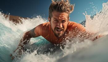 AI generated A smiling man, wet and joyful, surfing the waves generated by AI photo