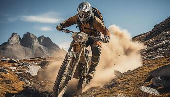 AI generated Men cycling in nature, racing on mountain terrain, extreme sport generated by AI photo