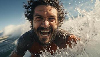 AI generated One man smiling, enjoying the outdoors, splashing in the water generated by AI photo