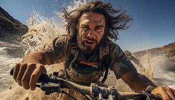 ai generado uno persona ciclismo en naturaleza, disfrutando el aventurero deporte generado por ai foto