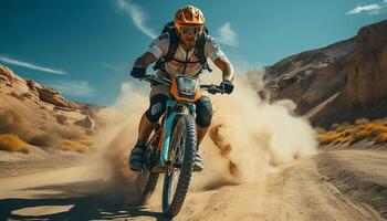 ai generado hombres montando motos en un motocross carrera, extremo Deportes aventuras generado por ai foto