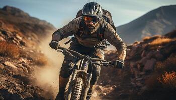 ai generado hombres ciclismo en naturaleza, montaña andar en bicicleta, extremo Deportes aventuras generado por ai foto