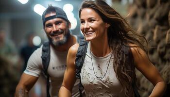 ai generado joven Pareja caminando al aire libre, sonriente, disfrutando naturaleza, y mirando a cámara generado por ai foto