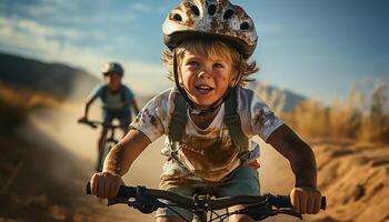 ai generado sonriente niño ciclismo al aire libre, disfrutando aventuras y divertido juntos generado por ai foto