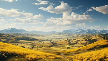 AI generated Rolling landscape of meadows and mountains, a tranquil summer scene generated by AI photo