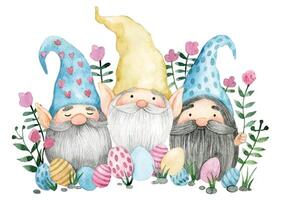 composition with cute gnomes with Easter eggs and flowers. watercolor drawing on the theme of Easter. vector