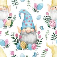 seamless pattern with cute gnomes with Easter eggs and flowers. watercolor drawing on the theme of Easter. vector