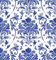 watercolor seamless pattern with blue damask ornament. classic vintage ornament vector