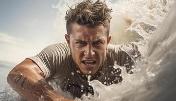 AI generated Young adult man screaming in anger while splashing water outdoors generated by AI photo