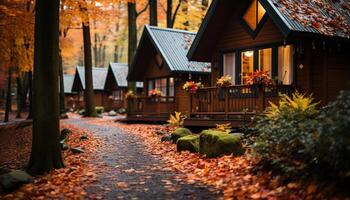 AI generated Autumn beauty in nature yellow leaves, rustic cottage, tranquil forest generated by AI photo