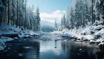 AI generated Winter forest tranquil scene, frozen beauty, blue frost, flowing water generated by AI photo