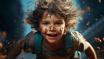 ai generado sonriente niño, divertido al aire libre, felicidad en mojado verano jugar generado por ai foto