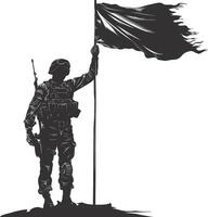 ai generado silueta soldados o Ejército actitud en frente de el negro bandera negro color solamente vector