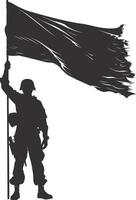 ai generado silueta soldados o Ejército actitud en frente de el negro bandera negro color solamente vector