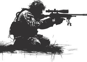 AI generated Silhouette sniper in action black color only full body vector