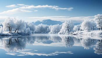 AI generated Winter landscape snow covered trees reflect in tranquil frozen pond generated by AI photo