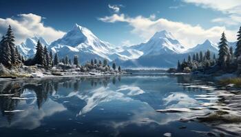 AI generated Majestic mountain range reflects tranquil blue sky, frozen in winter generated by AI photo