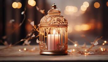 AI generated Glowing candle illuminates rustic wood, celebrating winter decoration generated by AI photo