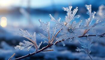 AI generated Winter beauty frost on branch, snow covered tree, frozen leaf generated by AI photo