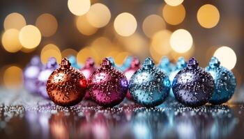 AI generated Glowing Christmas lights illuminate the dark, vibrant ornament decor generated by AI photo