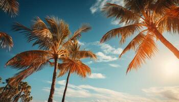 AI generated Tropical sunset, palm trees, blue sky, serene beach paradise generated by AI photo