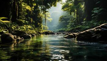 AI generated Tranquil scene green trees reflect in flowing water, nature beauty generated by AI photo