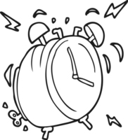 hand drawn black and white cartoon ringing alarm clock png