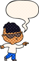 cartoon boy wearing sunglasses pointing with speech bubble in comic book style png