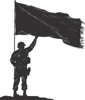 ai generado silueta soldados o Ejército actitud en frente de el negro bandera negro color solamente vector