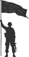 AI generated Silhouette Soldiers or Army pose in front of the blank flag black color only vector