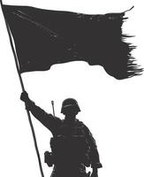 ai generado silueta soldados o Ejército actitud en frente de el negro bandera negro color solamente vector