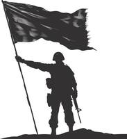 ai generado silueta soldados o Ejército actitud en frente de el negro bandera negro color solamente vector